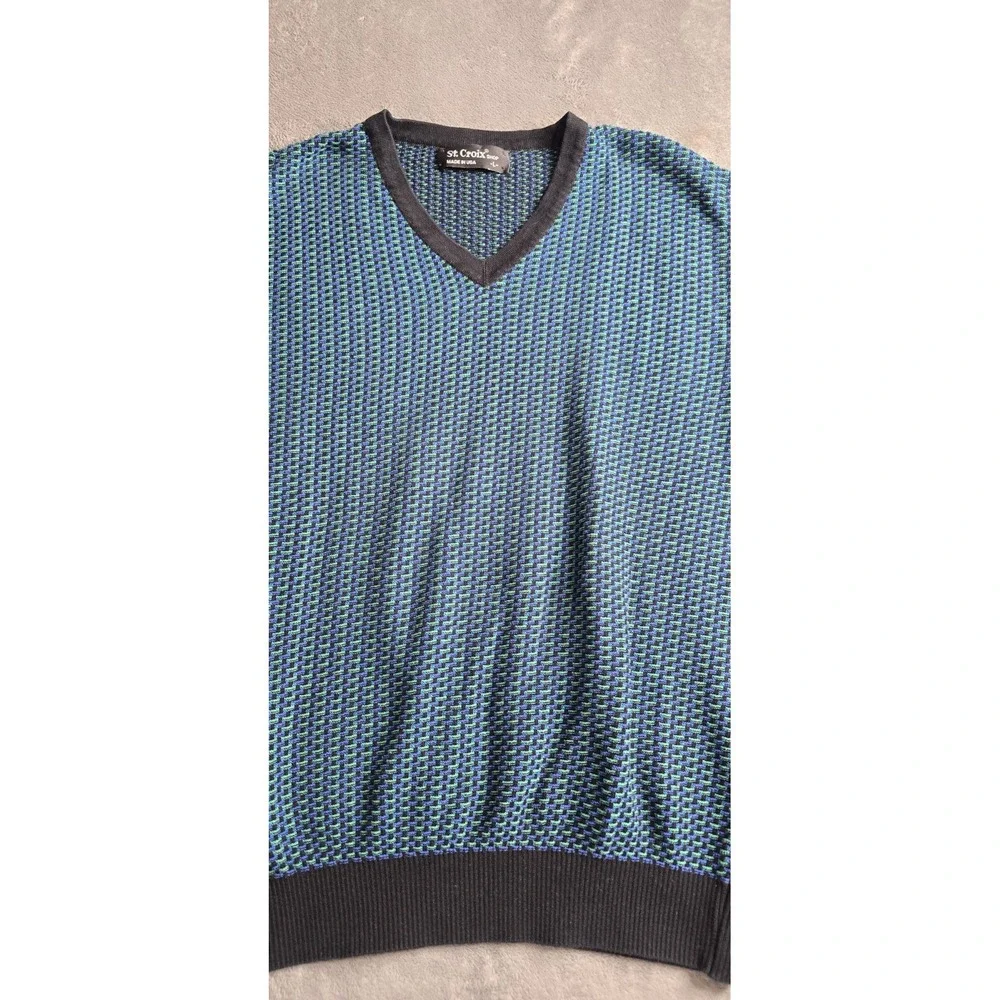 Vintage St Croix Sweater Mens Large Blue Green Geometric Long Sleeve Made In USA